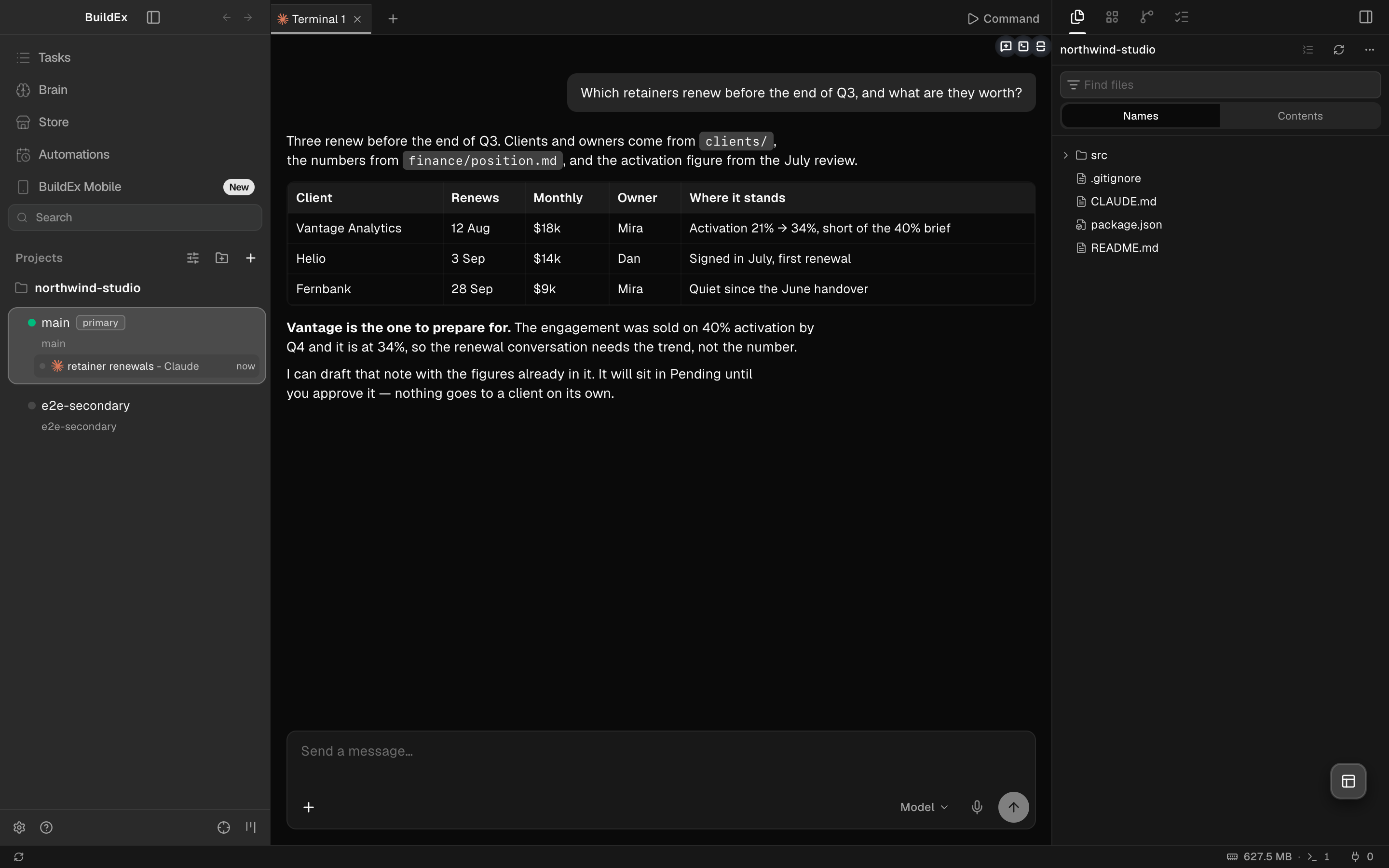 The BuildEx console: navigation and open sessions down the left, an agent session in the middle answering &ldquo;which retainers renew before the end of Q3&rdquo; with a table of clients, renewal dates, monthly values and owners, and the workspace's files on the right.