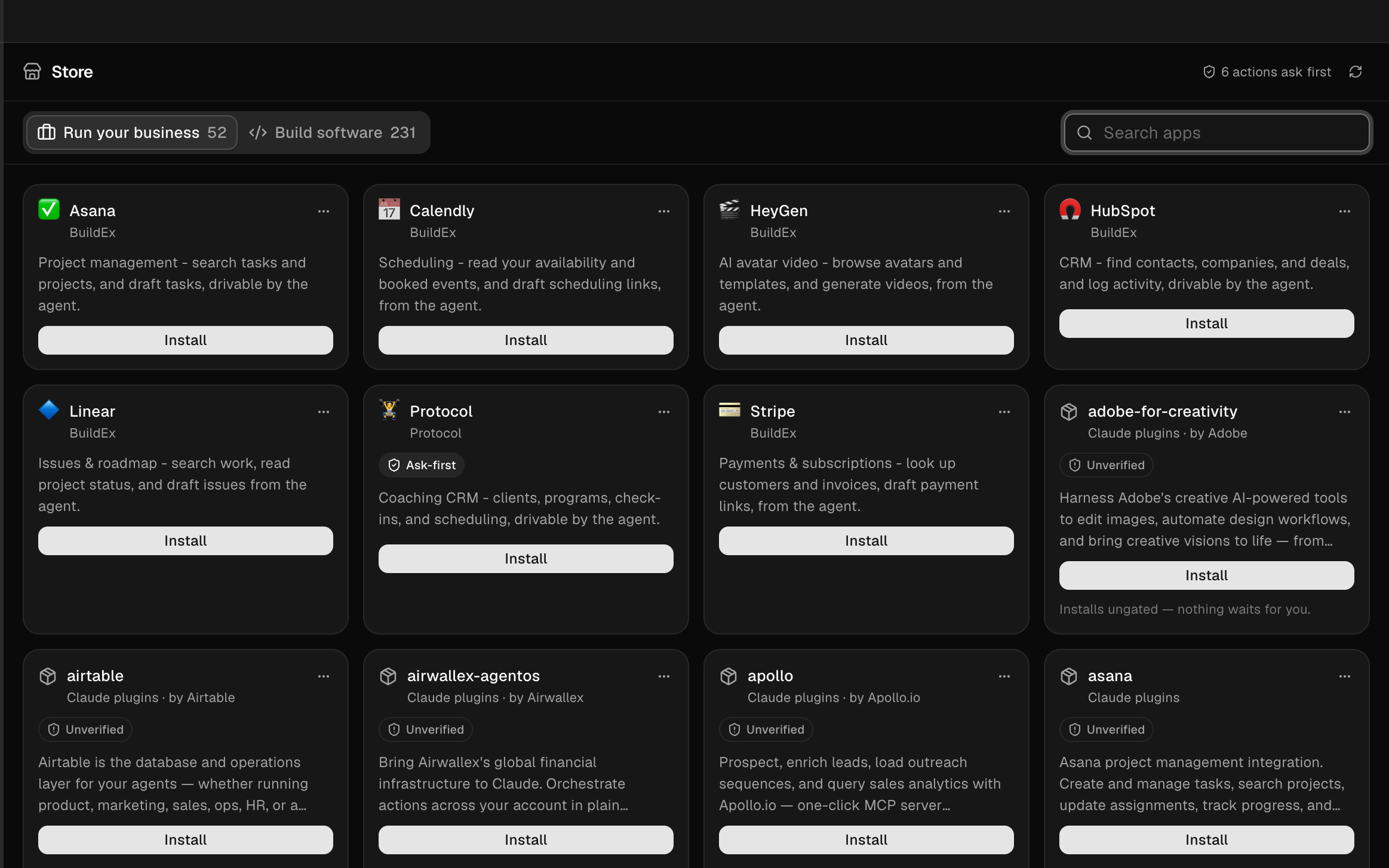 The Store in BuildEx: capability packs including HubSpot, Linear, Stripe, Protocol and Notion, each installable into the company repo, with a badge showing six actions are set to ask first.